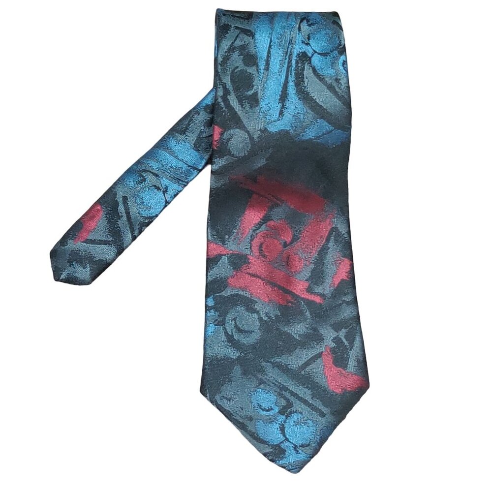 Vintage Windridge Mens Necktie Mervyns Abstract Grey Blue Black Red Retro Tie